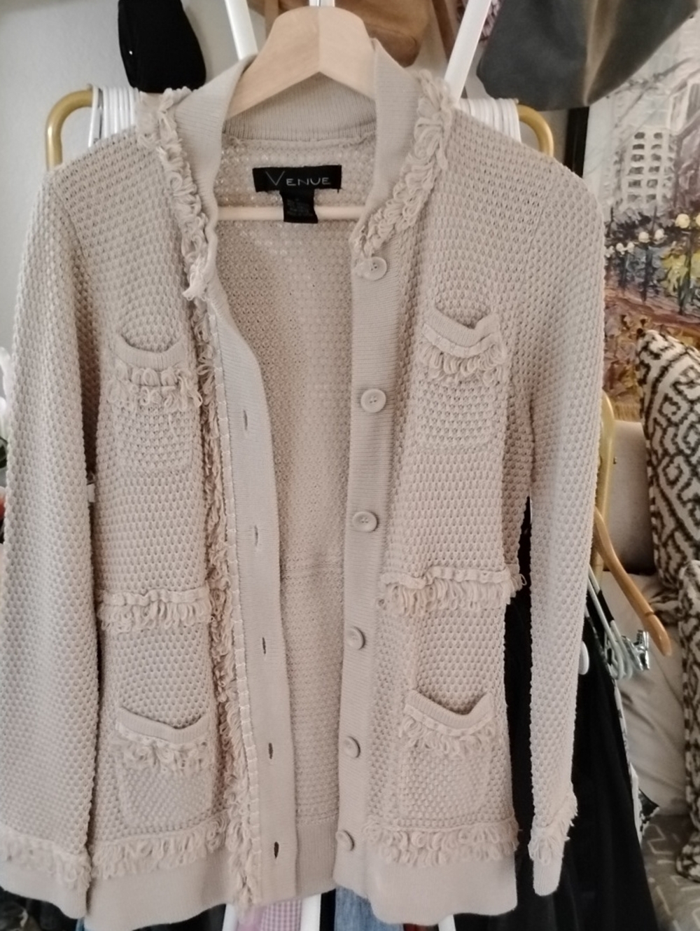 Neutral Beige Fringe-Trim Knit Cardigan Jacket - Picture 8 of 9